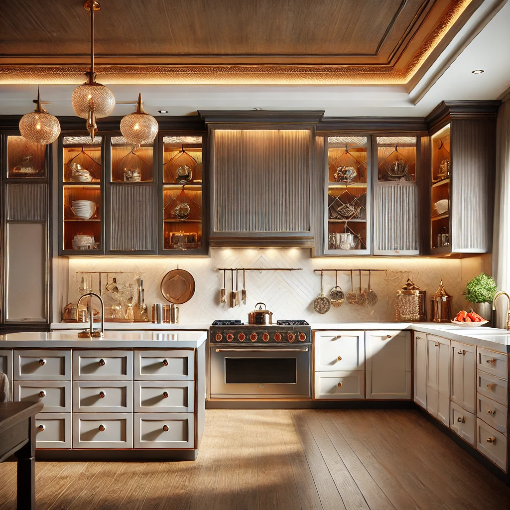 A beautifully designed modern kitchen in Pakistan with stylish wooden and glossy cabinets, combining functionality and elegance.